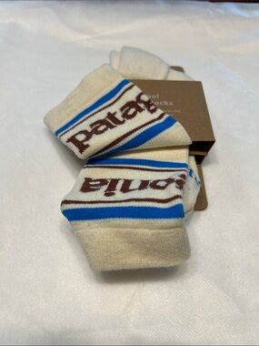 Patagonia Cream Socks with Blue and Brown Logo Stripes - Men
